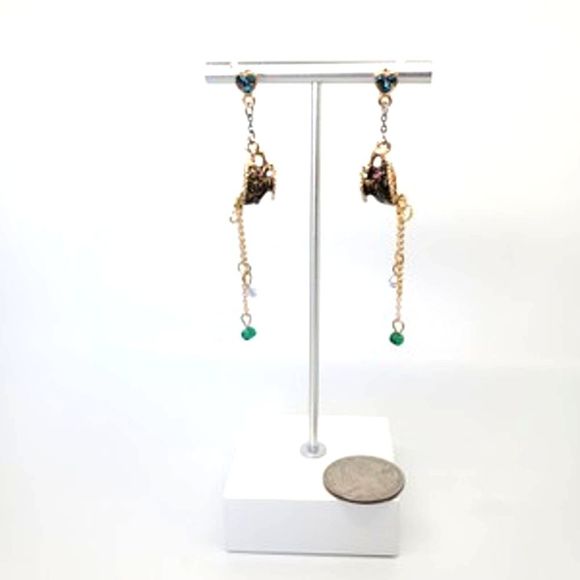 Whimsical Tea Cup Spilling Gold Tone Chains & Crystals Dangle Earrings - Picture 5 of 7